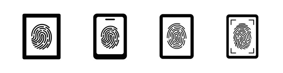A set of four black and white fingerprint scanner icons for security and identification.