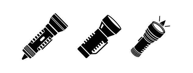 Set of three black flashlight icons on a white background, illustrating different designs and one in an on state.