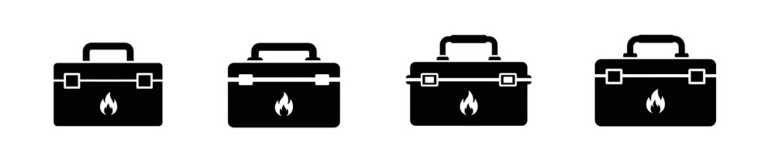 Four black icons of a toolbox with a flame symbol inside, arranged horizontally.