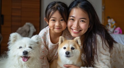 Joyful Asian mother and daughter on bedroom floor with a Maltese and Shiba Inu