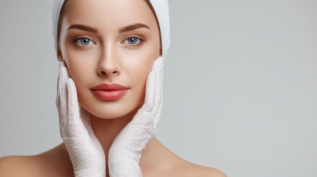 Close up image of a serene young woman gently holding medical tools to her face