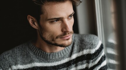 Attractive man in striped shirt and gray sweater woman family resentment divorce