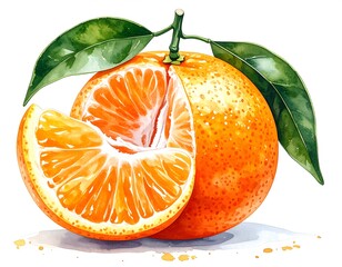 A vibrant, watercolor illustration of a mandarin orange, showcasing its juicy segments and leaves