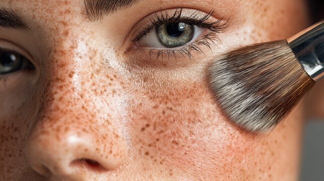 A detailed view of a young woman with flawless skin using a brush to apply highlighter showcasing her beauty ideal for beauty product or makeup tutorial promotion - Powered by Adobe