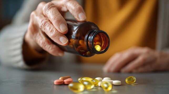 Senior woman dispenses pills from a bottle for memory loss hypertension cholesterol pain relief and age related conditions