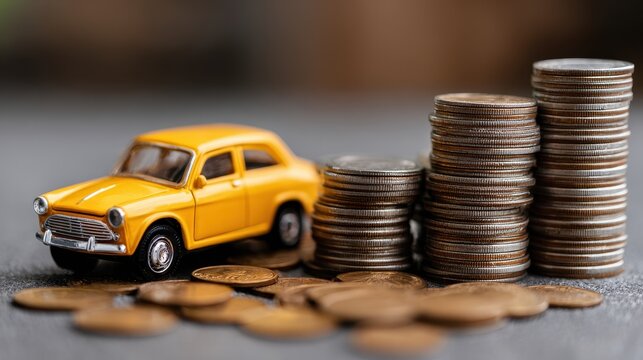 Car insurance model saving through buying and selling with taxes and loans for a new vehicle Toy car with coins in the background Strategy for managing transportation expenses