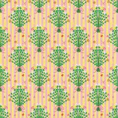 Seamless pattern of colorful flower bouquet on striped background, with love and ribbon ornaments, used for packaging design, wrapping paper, or fabric