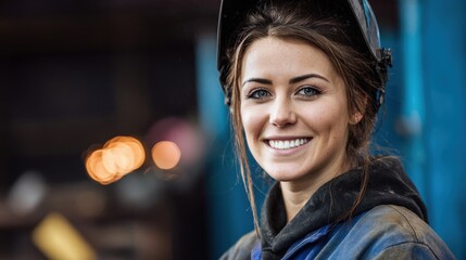 Portrait of a smiling woman welder in an industrial setting with space for text