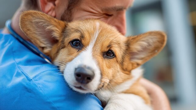 Veterinarian in blue uniform holds and plays with a Pembroke Welsh Corgi after treatment in a spacious setting
