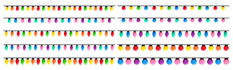 Vector image of Christmas lights. Festive decor and decoration made of colorful Christmas lights. Graphic element for your designs, Christmas cards, websites, banners, and posters.