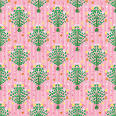Seamless pattern of colorful flower bouquet on striped background, with love and ribbon ornaments, used for packaging design, wrapping paper, or fabric