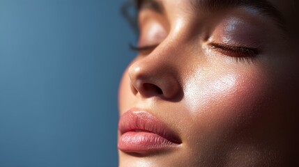Woman with closed eyes showcasing beauty and skincare natural makeup and touch highlight glow and results in a blue studio
