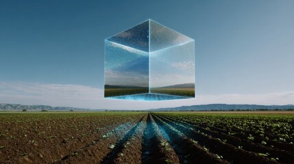 A surreal landscape featuring a reflective cube floating above a cultivated field, merging nature with abstract art.