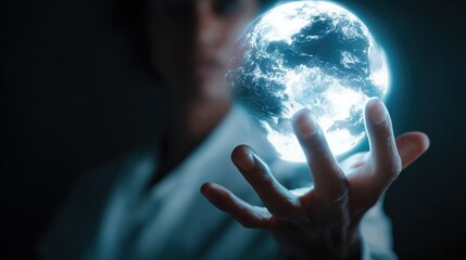 A glowing, translucent globe is held in a person's hand, symbolizing a connection to the Earth and a sense of control over the planet.