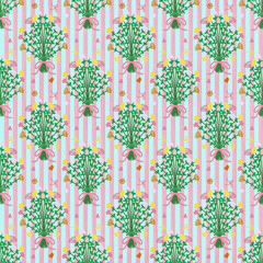 Seamless pattern of colorful flower bouquet on striped background, with love and ribbon ornaments, used for packaging design, wrapping paper, or fabric
