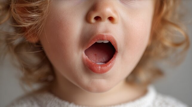 Two year old girl s face close up mouth open illustrating sensory experiences speech issues and corrective developmental exercises