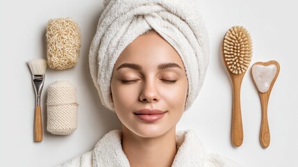 Woman in a studio with beauty tools for lymphatic drainage and skincare treatments on a white background