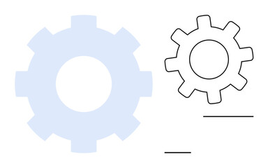 Large light blue gear and smaller black outlined gear with abstract horizontal lines. Ideal for ideas, teamwork, technology, business, innovation, connection, workflow. Simple flat metaphor