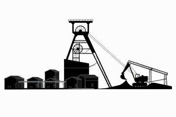Monochrome Illustration of a Coal Mine with Headframe Buildings and Excavator conveying Industrial Heritage and Environmental Impact