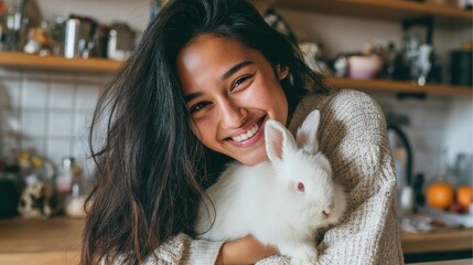 Joyful young woman of diverse background with long dark hair in casual attire smiling while holding a fluffy rabbit on her kitchen table at home