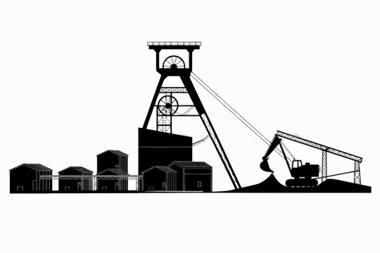 Monochrome Illustration of a Coal Mine with Headframe Buildings and Excavator conveying Industrial Heritage and Environmental Impact