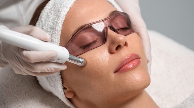 CO2 fractional laser treatment Aesthetic procedure at a beauty clinic Woman undergoing skin resurfacing for wrinkles scars and sun damage