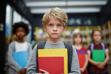 Upset Caucasian boy clutching notebooks surrounded by diverse classmates Themes of education and inclusivity in an elementary setting