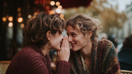 Two friends share a secret at an outdoor cafe, creating a warm and intimate moment of connection and joy.