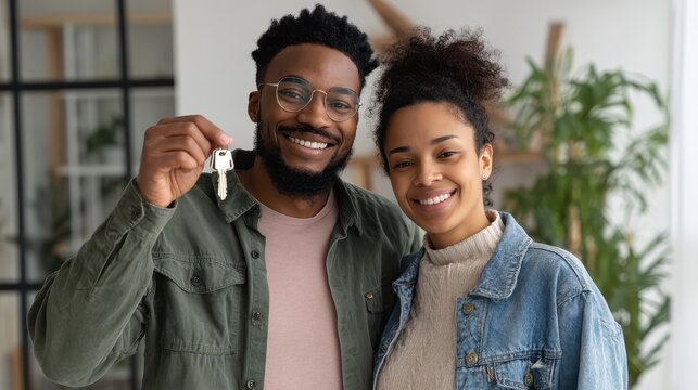 Excited diverse couple celebrates their new home milestone with a key in a contemporary setting