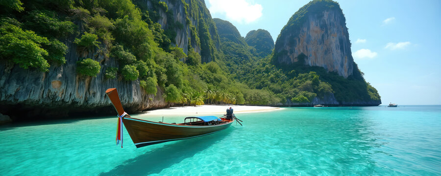 Traditional longtail boat gently floats on calm clear turquoise water lagoon. White sand beach with green palm trees lies at base of high tropical limestone cliffs. Bright blue sky above ocean