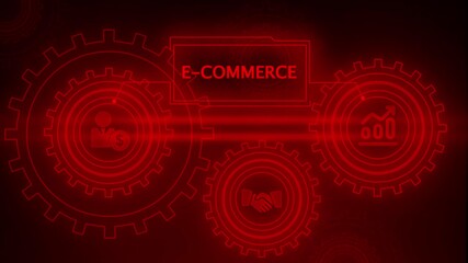 Red neon glowing gears and icons representing e-commerce and online retail on a dark background shopping - Powered by Adobe