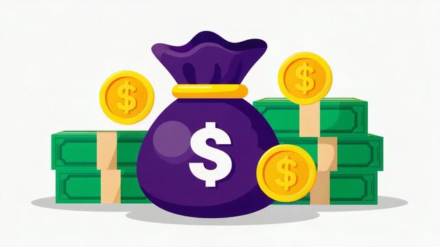 Money Bag with Coins and Cash Stacks Wealth, Finance, and Savings Illustration