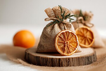 Burlap gift bag with dried orange slice and fresh orange on wooden board