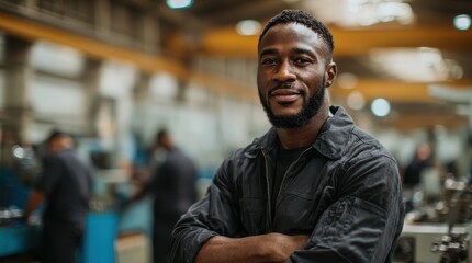 Fototapeta premium Attractive Black factory supervisor with machinists behind him