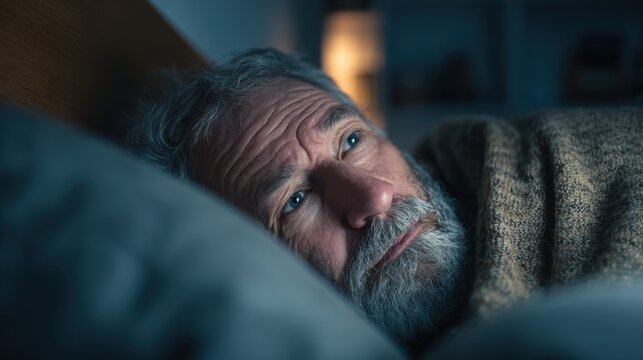 An elderly man is unable to sleep in bed due to insomnia