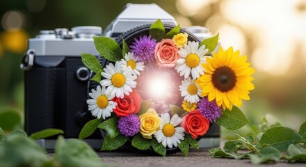 Camera with Bouquet of Flowers