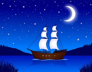 A stylized sailing ship glides across calm waters under a starry night sky, with a crescent moon