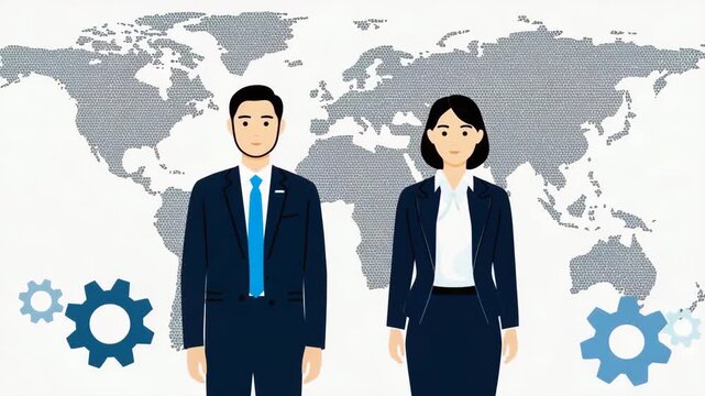 Businessman and Businesswoman Standing Before World Map with Gear Icons Global Teamwork Concept