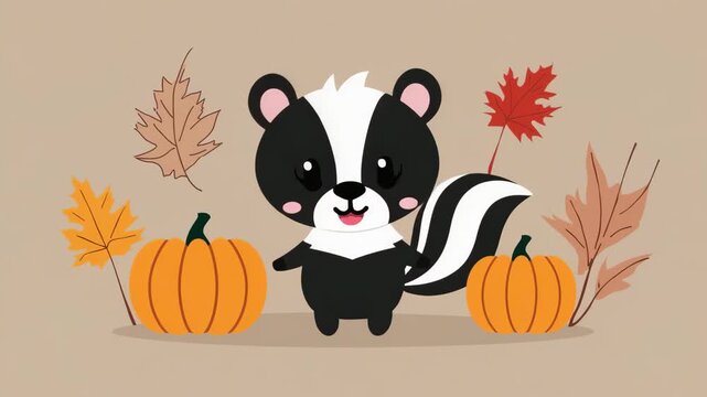 Cute Skunk with Pumpkins and Autumn Leaves Halloween Fall Cartoon Character