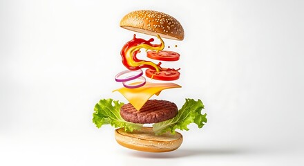 Floating Burger Assembly Deliciousness Food Still Life on White Background Isolated Cheeseburger Tasty Hamburger Preparation Meal
