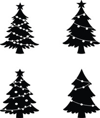Obraz premium Set of four festive christmas trees with string lights and star toppers ideal for holiday design