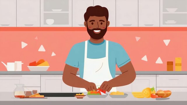Smiling man preparing a fresh healthy meal in a modern kitchen. 2D flat animation concept for cooking, nutrition, and a happy domestic lifestyle.