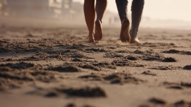 Close up of a couple s legs strolling on the beach