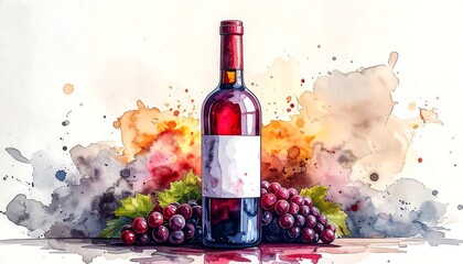A vibrant watercolor illustration of a red wine bottle, grapes, and splashes