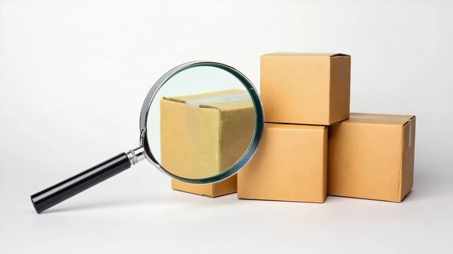 Stack of Cardboard Boxes with Magnifying Glass Shipping Inspection and Quality Control