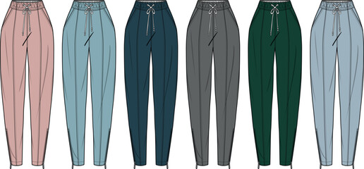 Fashion illustration of high-waisted pants with drawstring and elastic waistband, displayed in a row