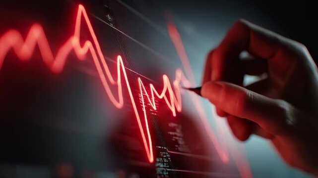 Writing hand draws red chart line. Hand with pen creating financial graph on screen. Drawing financial analysis. Hand sketching chart. Data on tablet. Hand drawing finance analysis graph.