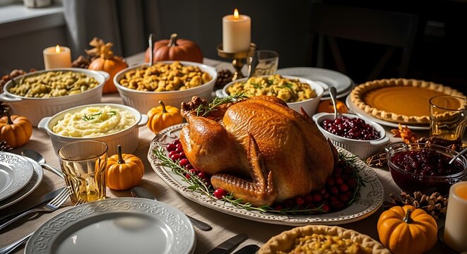 Traditional Thanksgiving table filled with roast turkey mashed potatoes and pumpkin pie decorated with candles and mini pumpkins