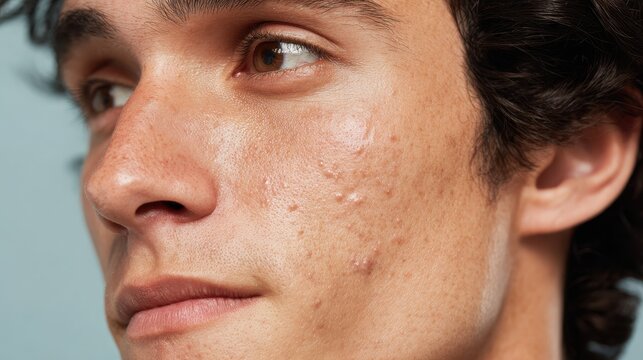 Detailed view of a young man s cheek showing severe acne scars
