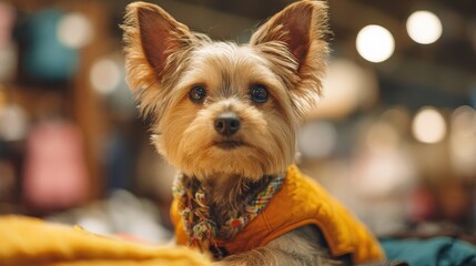 Female Yorkie owner seeking dog apparel and accessories in pet shop